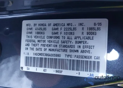 2006 Honda Accord 2.4 Se z USA, uszkodzony, nr VIN 1HGCM55396A005980